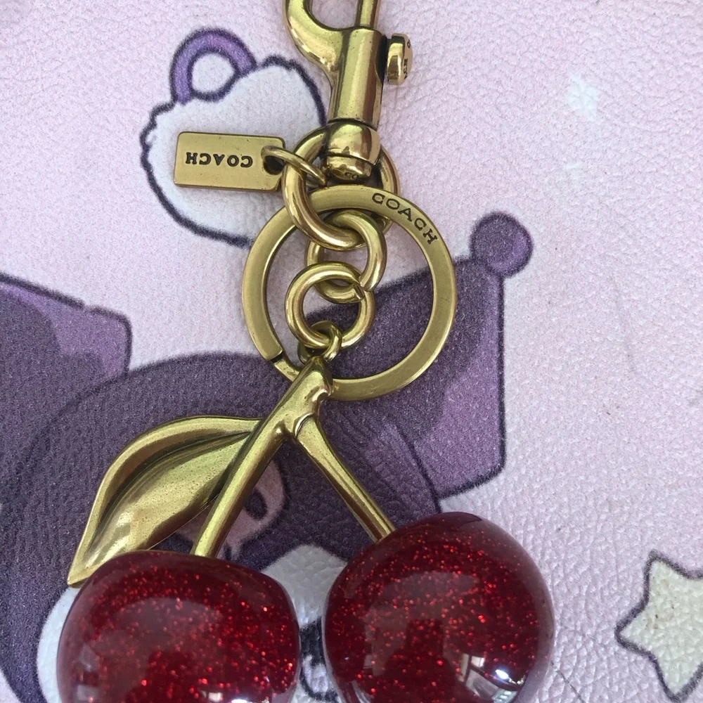 Coach Gold-Tone Keychain with Red Glitter Cherry Charms